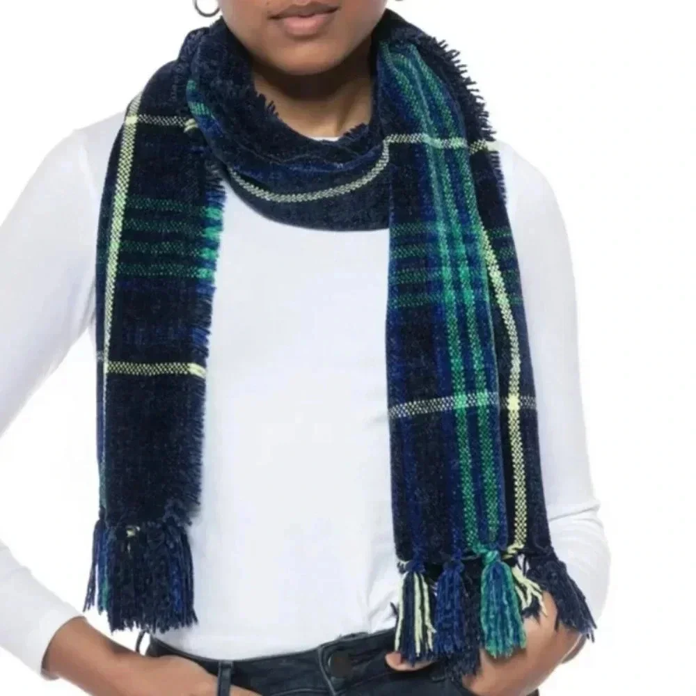 Charter Club Chenille Scarf Plaid Fringed Navy Blue Multicolored